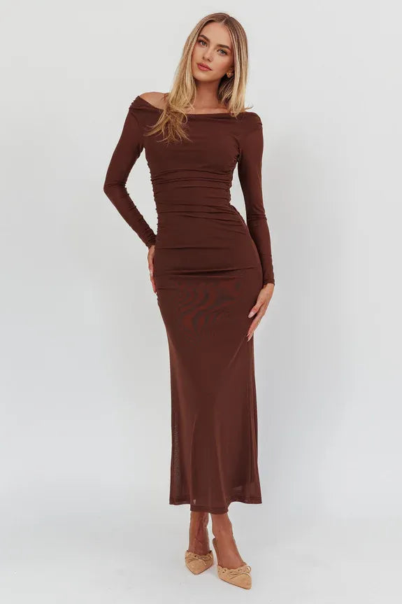 Off Shoulder Long Sleeves Mesh Chocolate Maxi Homecoming Dress Prom Dress