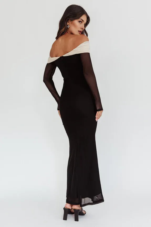 Off Shoulder Long Sleeves Sheer Mesh Black Maxi Evening Dress