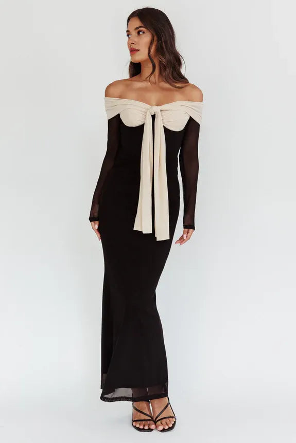 Off Shoulder Long Sleeves Sheer Mesh Black Maxi Evening Dress