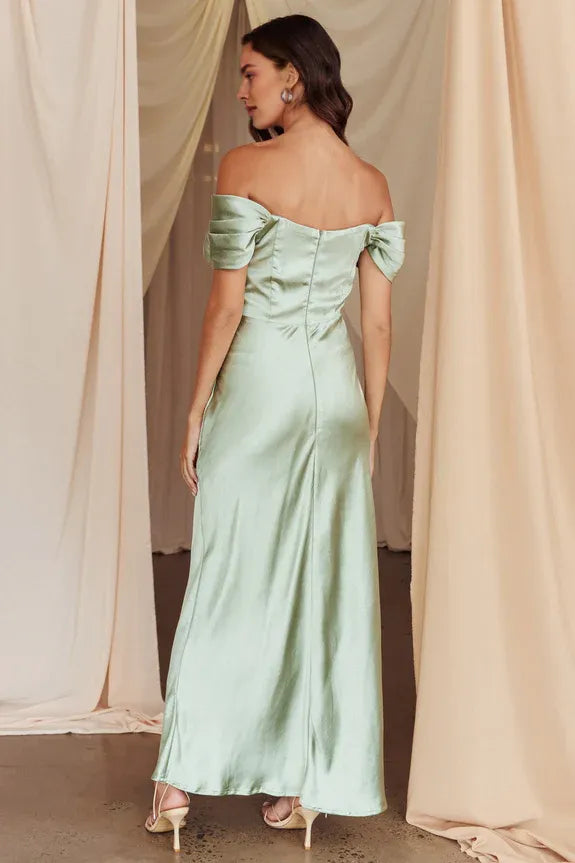 Off Shoulder Pleated Corset Satin Pistachio Maxi Evening Dress Prom Dress