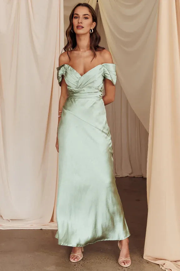 Off Shoulder Pleated Corset Satin Pistachio Maxi Evening Dress Prom Dress