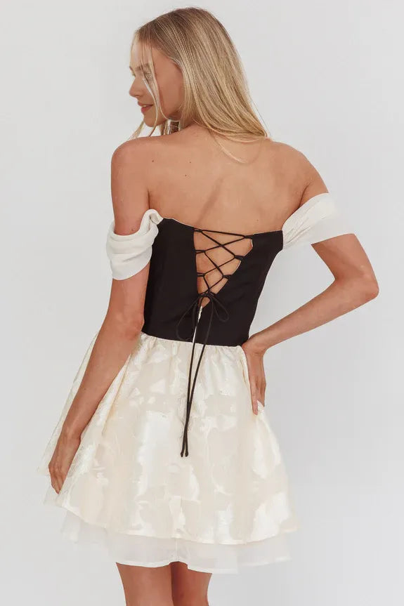 Off Shoulder Printed Skirt Tiered Black And Cream Mini Homecoming Dress