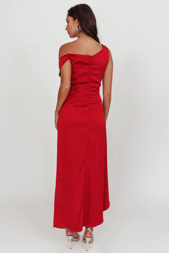 Off Shoulder Ruffle Satin Red Maxi Evening Dress With Slit For Women Buy