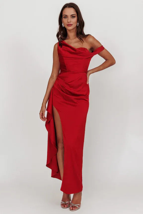 Off Shoulder Ruffle Satin Red Maxi Evening Dress With Slit For Women Buy