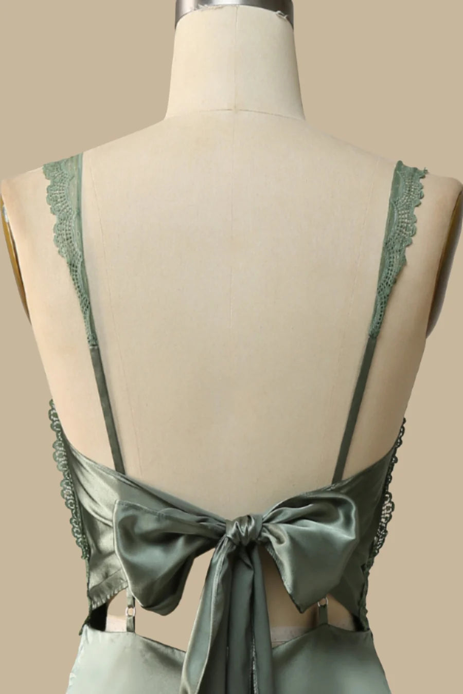 Olive Green Lace Tie-Back V-neck Maxi Dress Bridesmaid Dresses