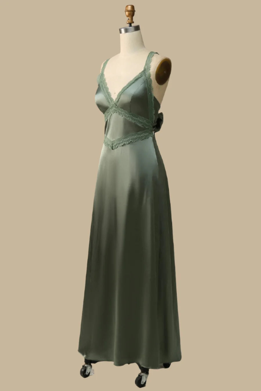 Olive Green Lace Tie-Back V-neck Maxi Dress Bridesmaid Dresses