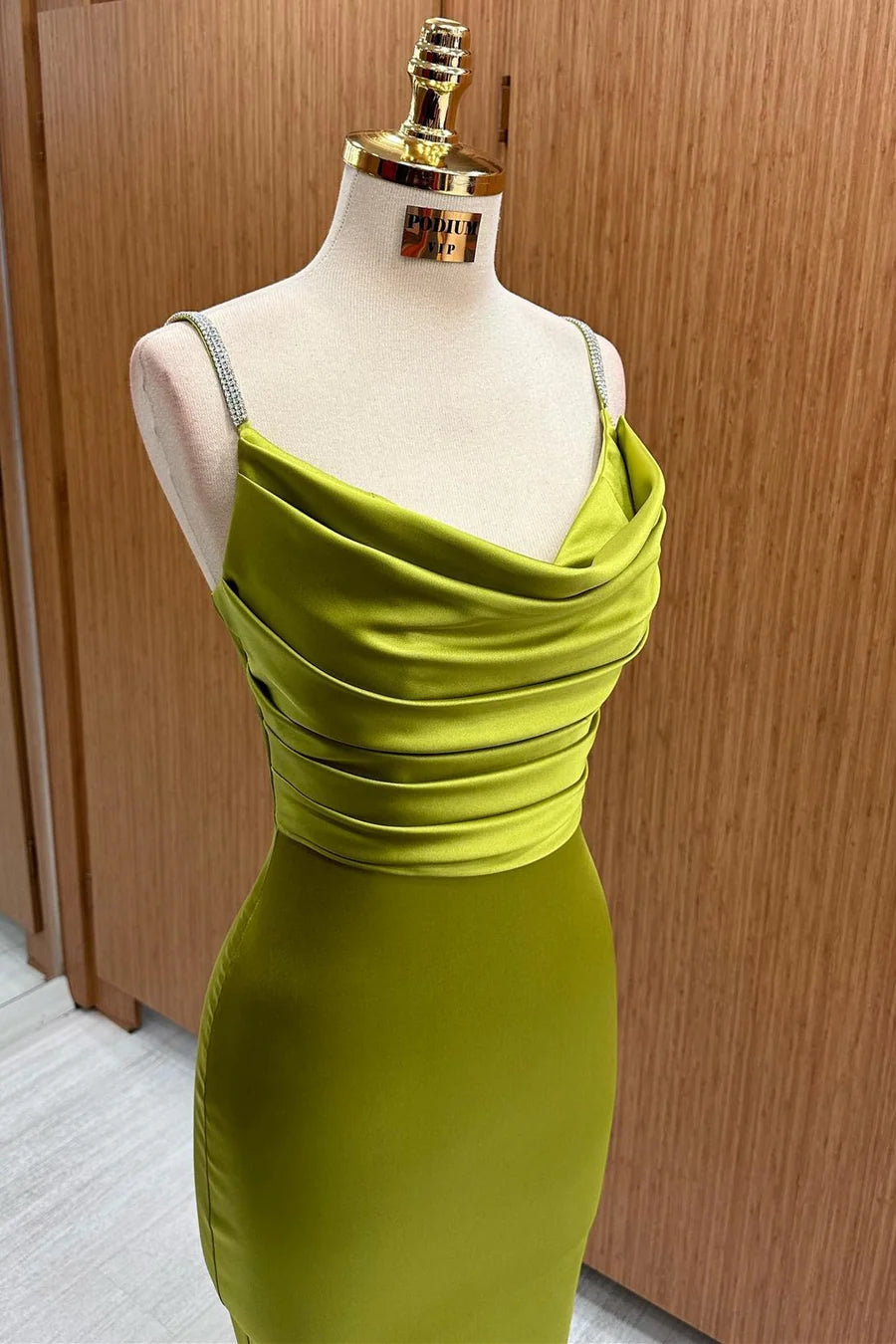 Olive Green Satin Beaded Straps Cowl Neck Pleated Bridesmaid Dresses