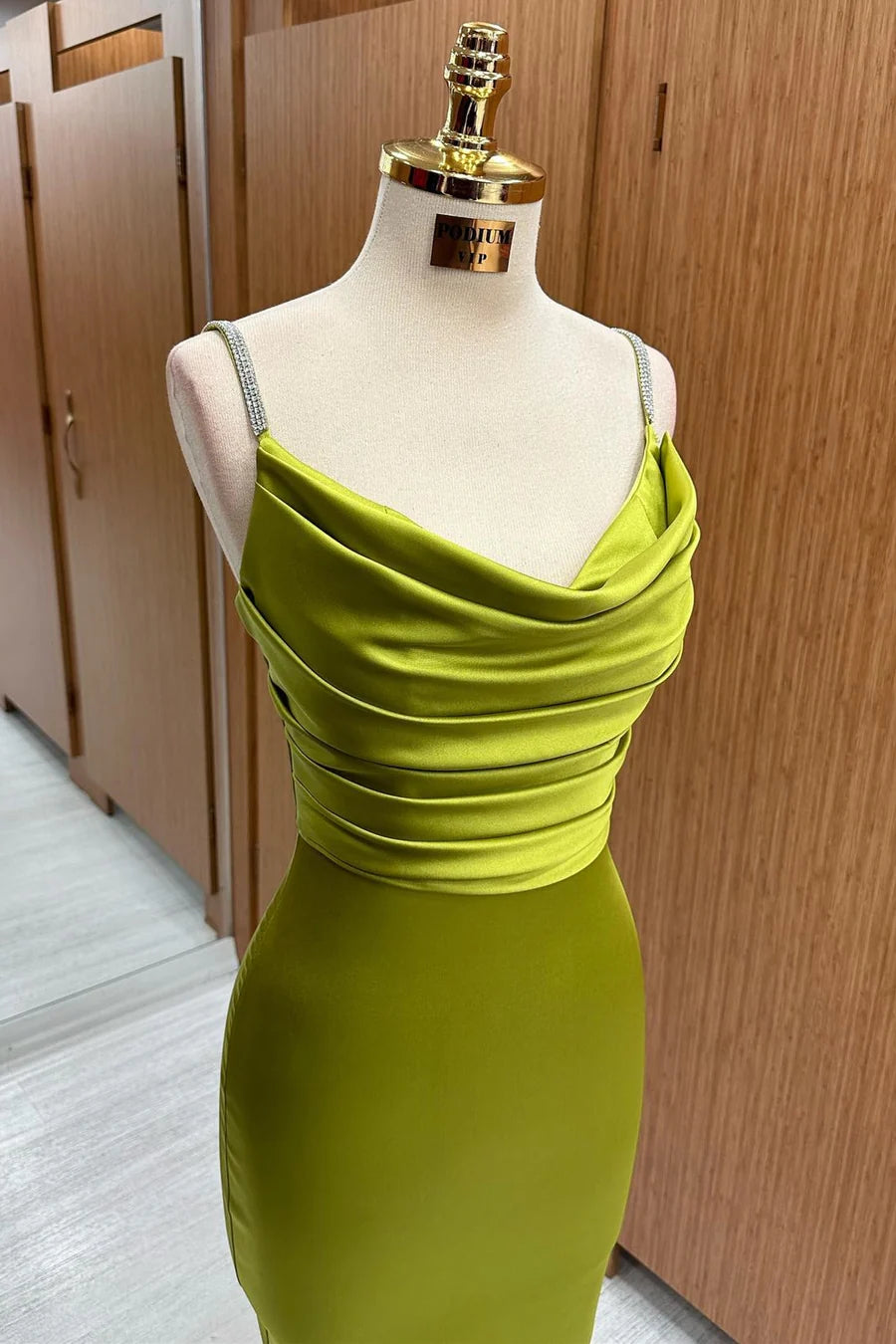 Olive Green Satin Beaded Straps Cowl Neck Pleated Bridesmaid Dresses