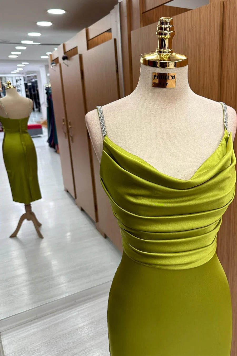 Olive Green Satin Beaded Straps Cowl Neck Pleated Bridesmaid Dresses