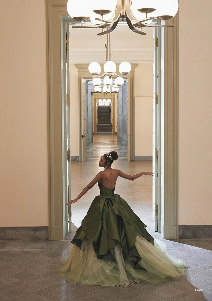 Olive Green Satin Tulle Strapless Floor Length Prom Dresses Formal Evening Dress Pretty Ball Gown