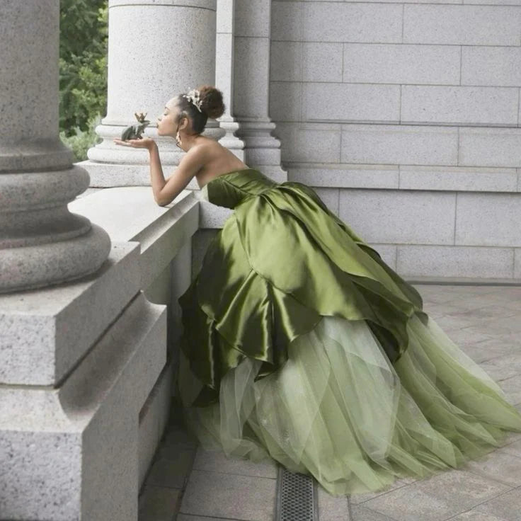 Olive Green Satin Tulle Strapless Floor Length Prom Dresses Formal Evening Dress Pretty Ball Gown