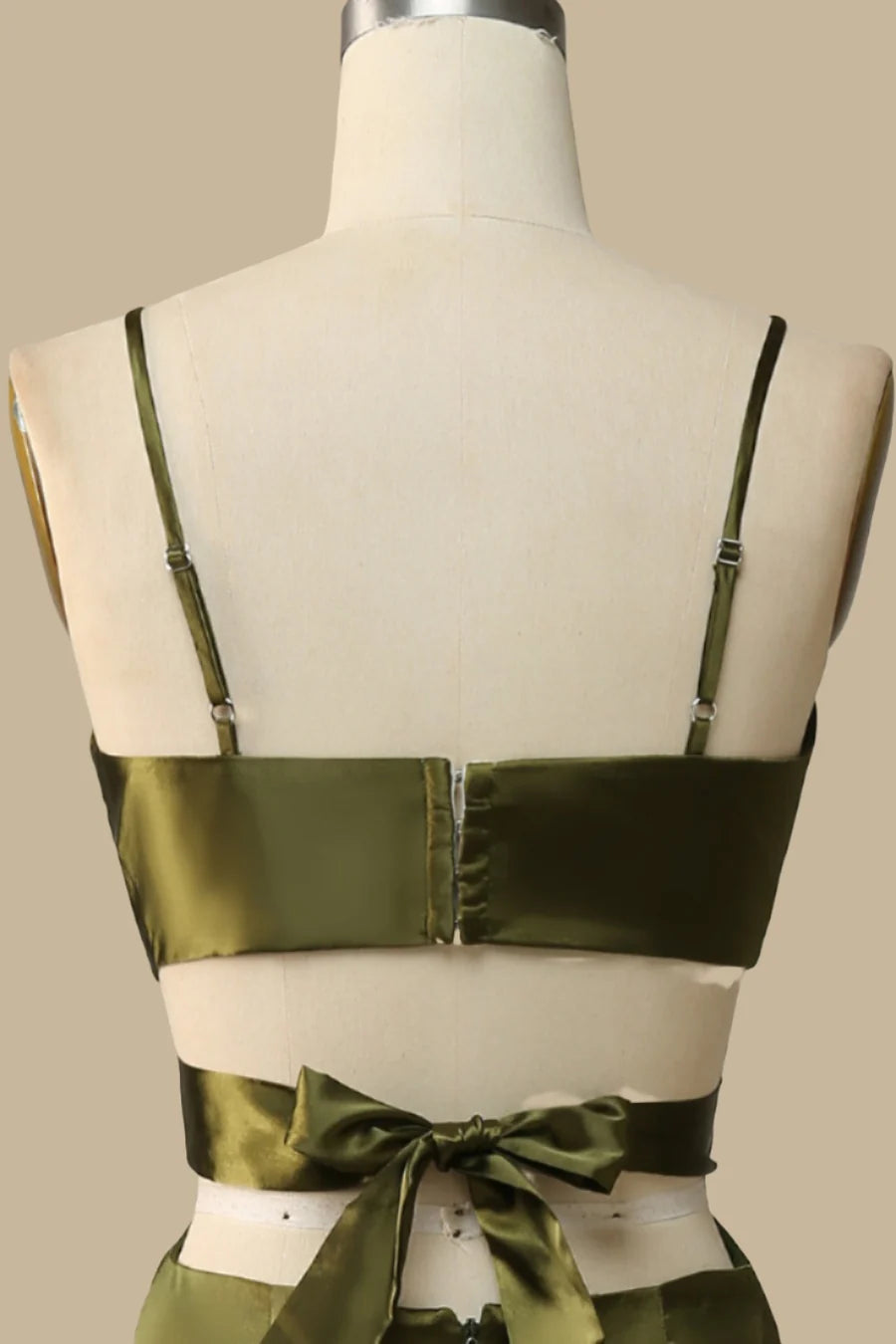 Olive Green Satin V-Neck Cutout with Spaghetti Straps Bridesmaid Dresses