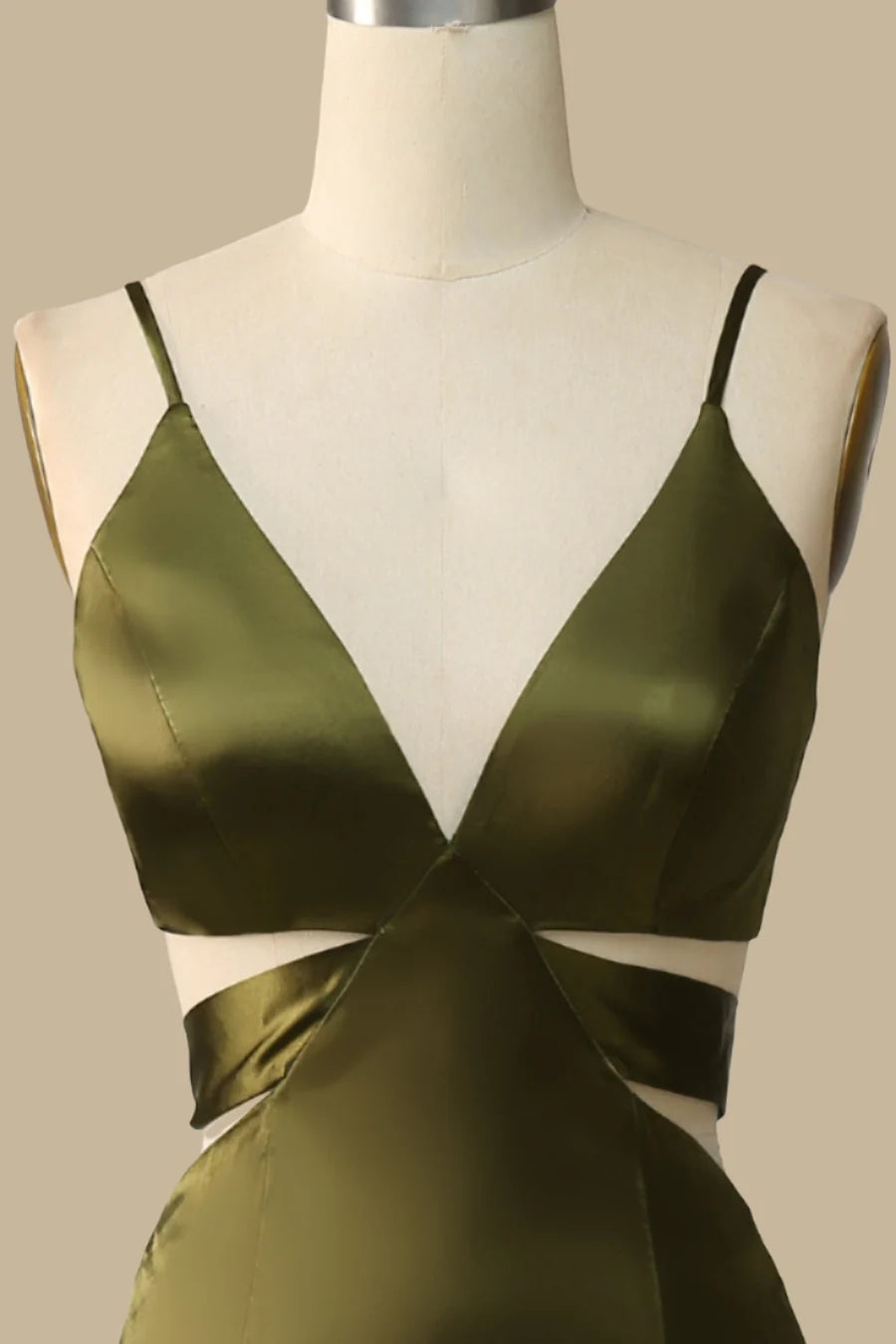 Olive Green Satin V-Neck Cutout with Spaghetti Straps Bridesmaid Dresses