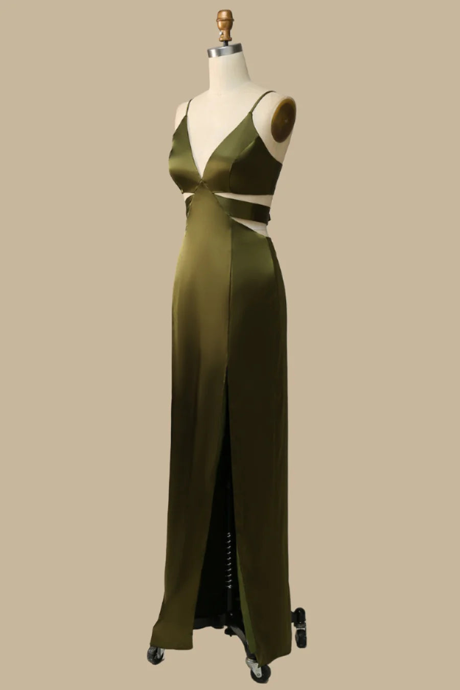 Olive Green Satin V-Neck Cutout with Spaghetti Straps Bridesmaid Dresses