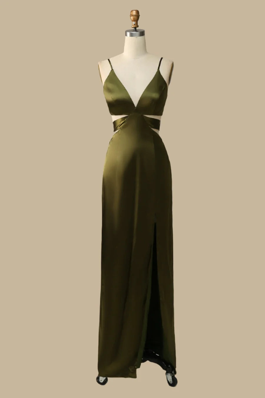 Olive Green Satin V-Neck Cutout with Spaghetti Straps Bridesmaid Dresses