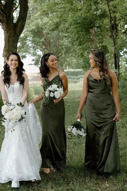 Olive Satin Spaghetti Straps Cowl Neck Pleated Long Bridesmaid Dress