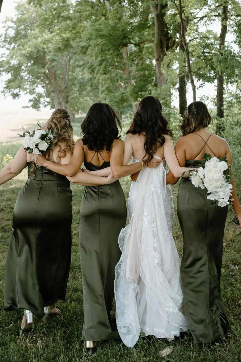 Olive Satin Spaghetti Straps Cowl Neck Pleated Long Bridesmaid Dress