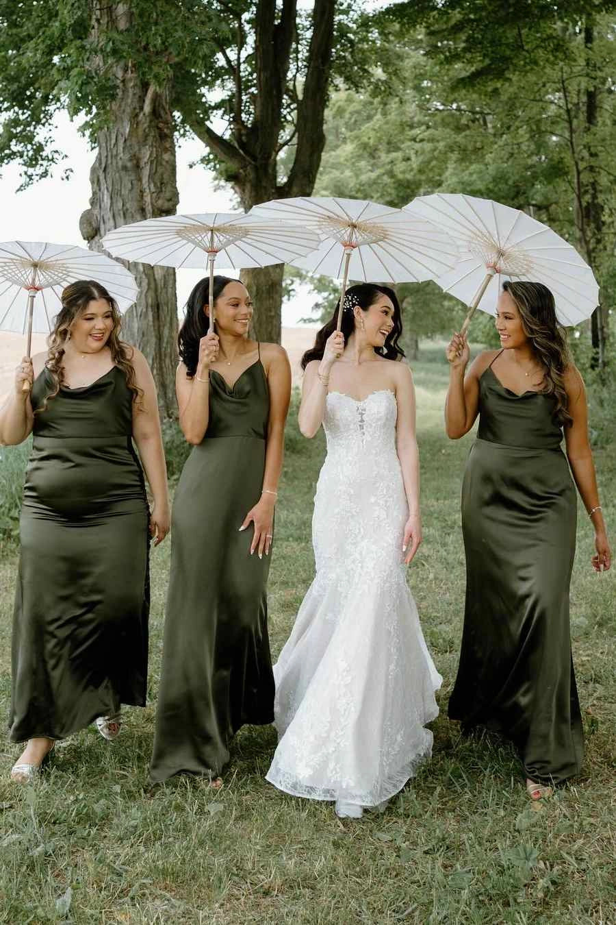 Olive Satin Spaghetti Straps Cowl Neck Pleated Long Bridesmaid Dress