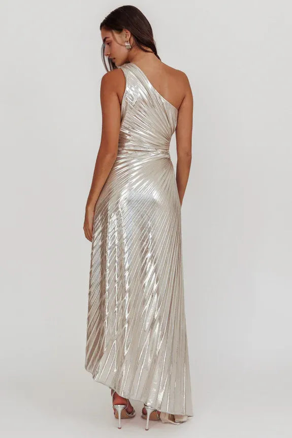 One-Shoulder Accordion Pleat Cutout Champagne Maxi Evening Dress With Asymmetric Hem