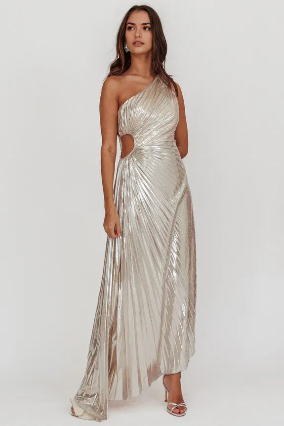 One-Shoulder Accordion Pleat Cutout Champagne Maxi Evening Dress With Asymmetric Hem