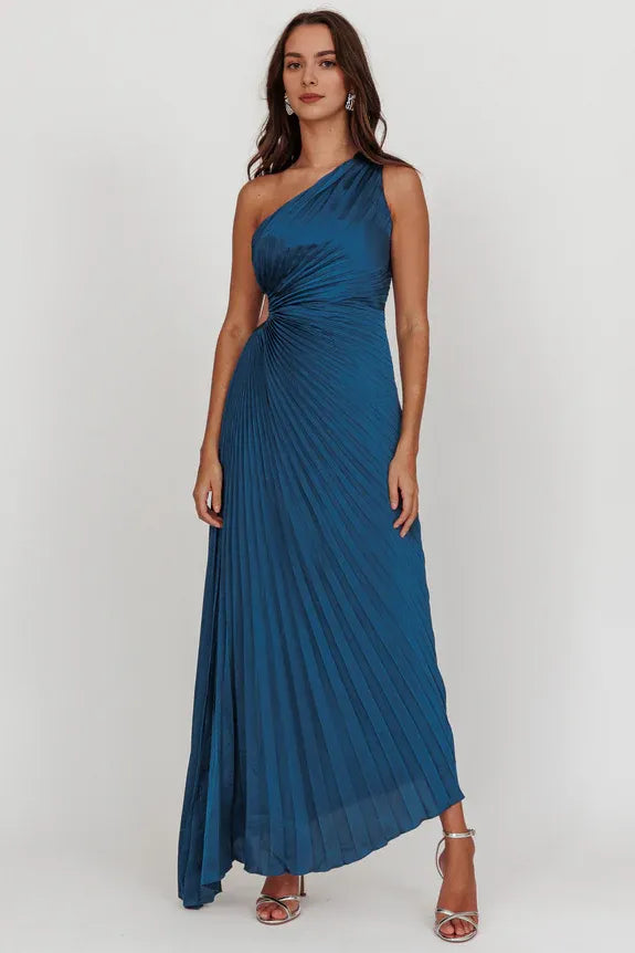 One-Shoulder Accordion Pleated Teal Maxi Homecoming Dress Prom Dress