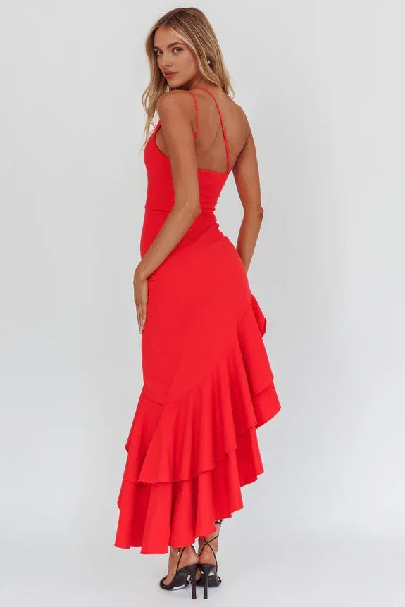 One-Shoulder Asymmetric Ruffle Hem Red Homecoming Dress Prom Dress