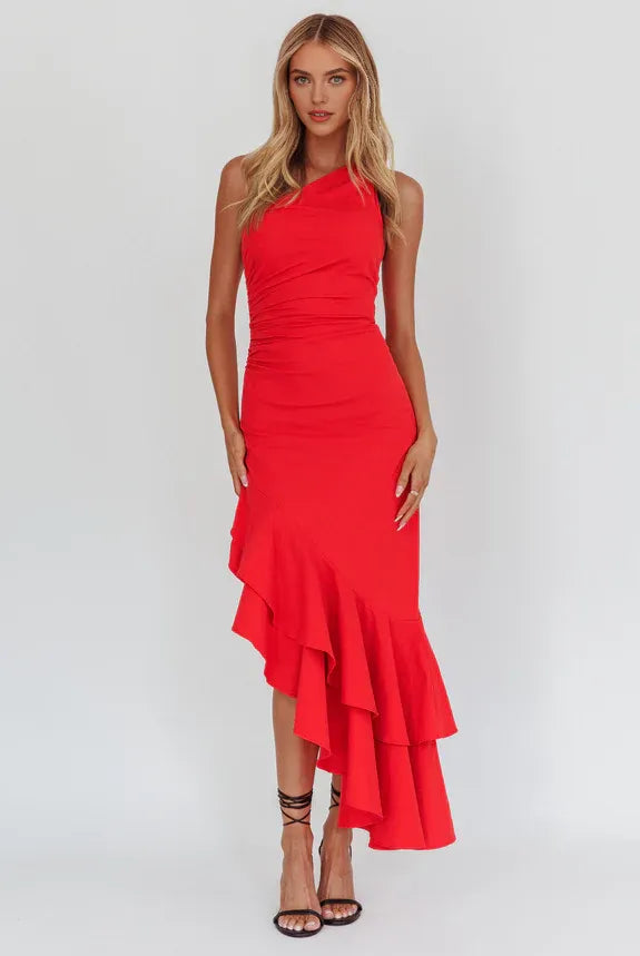 One-Shoulder Asymmetric Ruffle Hem Red Homecoming Dress Prom Dress