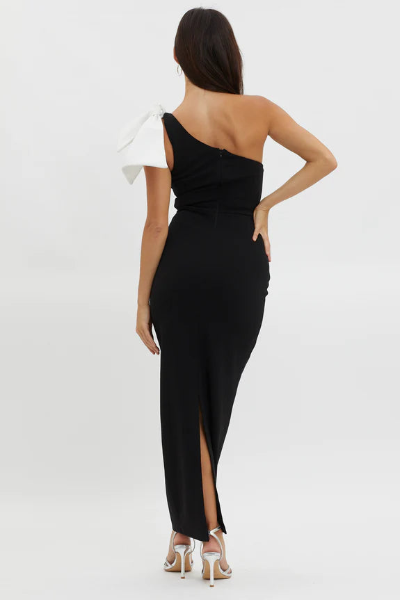 One-Shoulder Bow Bodycon Black Maxi Evening Dress With Back Slit