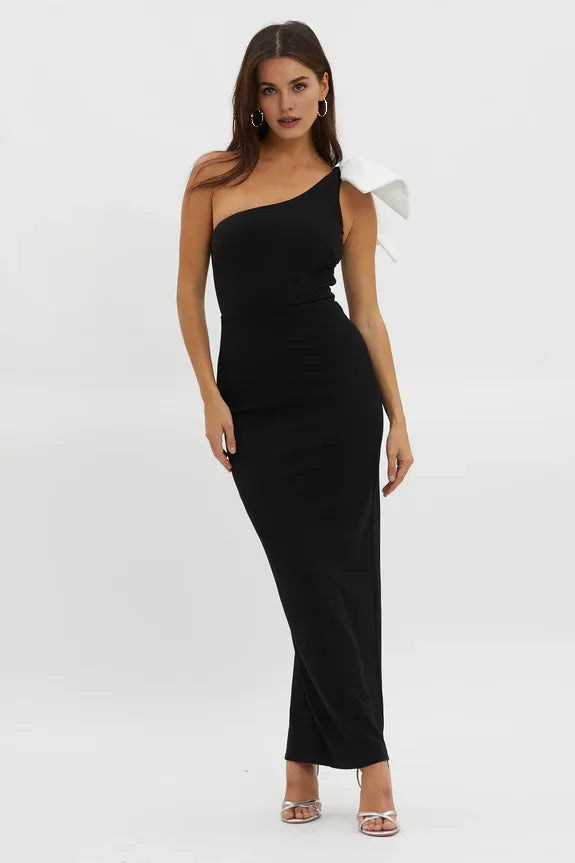 One-Shoulder Bow Bodycon Black Maxi Evening Dress With Back Slit