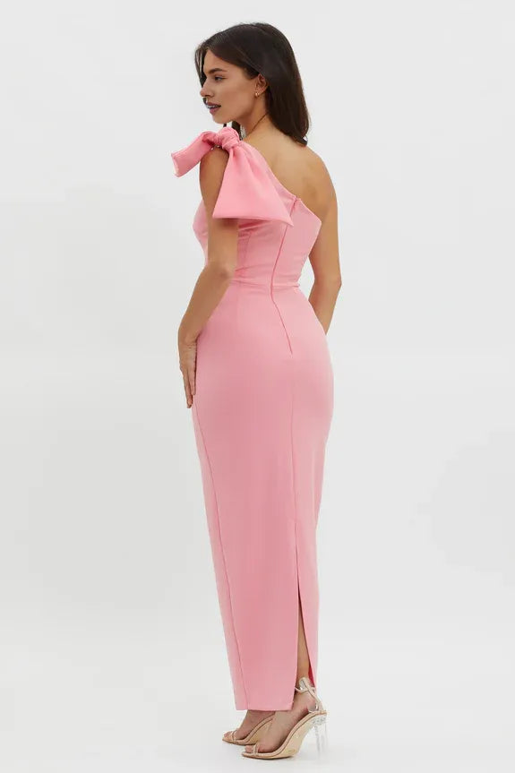 One-Shoulder Bow Bodycon Pink Maxi Evening Dress With Back Slit