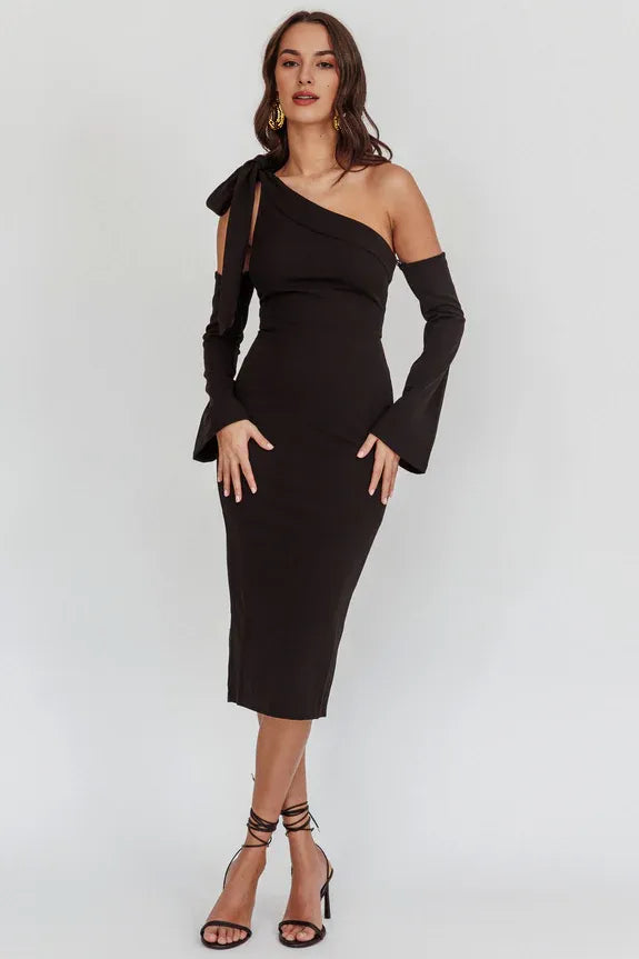 One-Shoulder Detachable Flared Cuffs Sleeves Bow Dark Fuchsia Midi Evening Dress