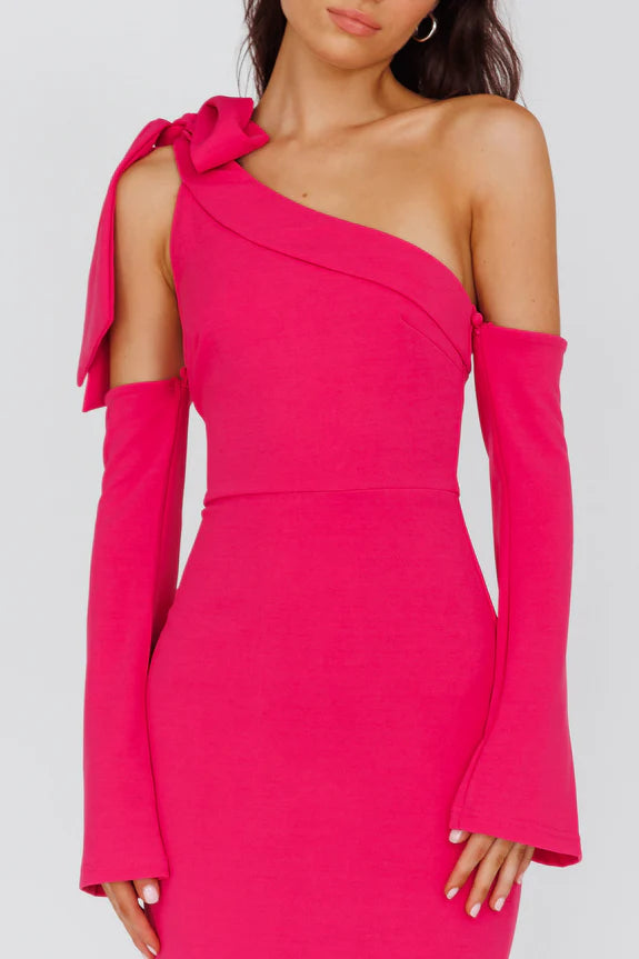 One-Shoulder Detachable Flared Cuffs Sleeves Bow Dark Fuchsia Midi Evening Dress