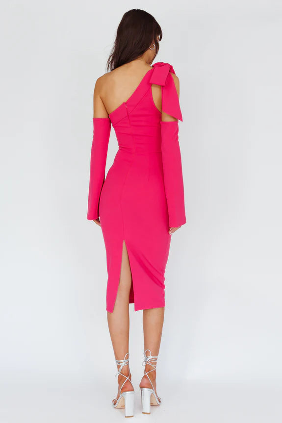 One-Shoulder Detachable Flared Cuffs Sleeves Bow Dark Fuchsia Midi Evening Dress
