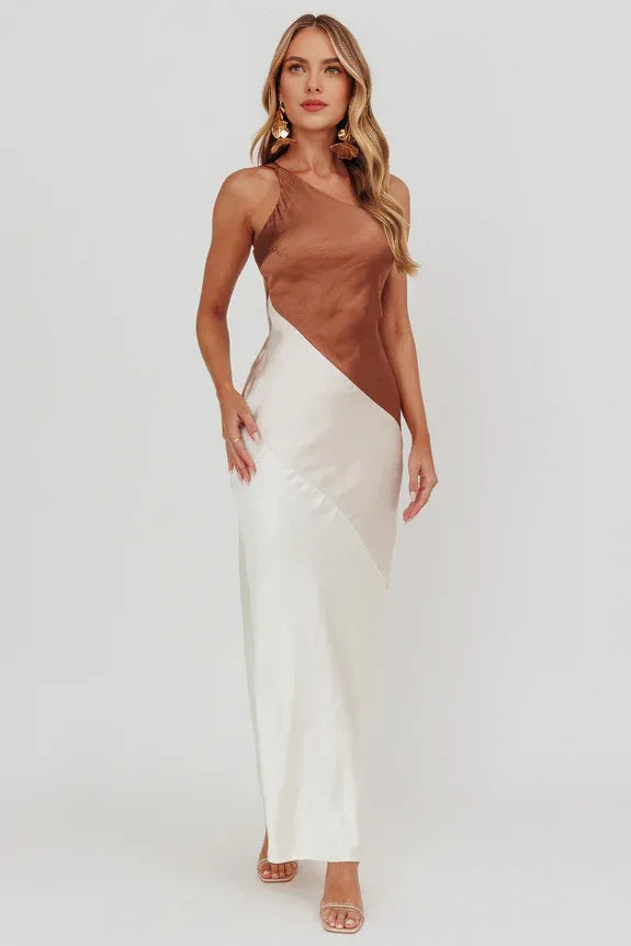 One-Shoulder Double Adjustable Straps Neutral Maxi Homecoming Dress Prom Dress