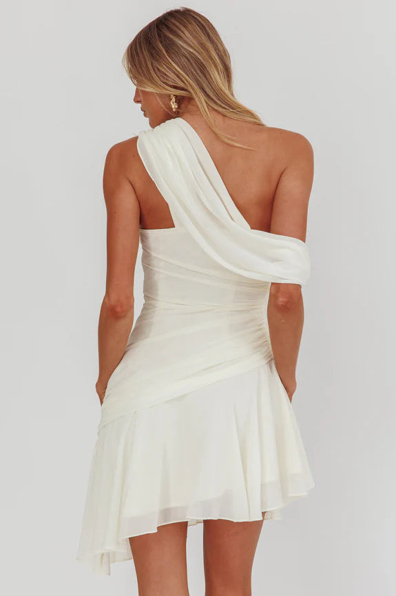 One-Shoulder Draped Asymmetric Neck And Hem Cream Mini Homecoming Dress