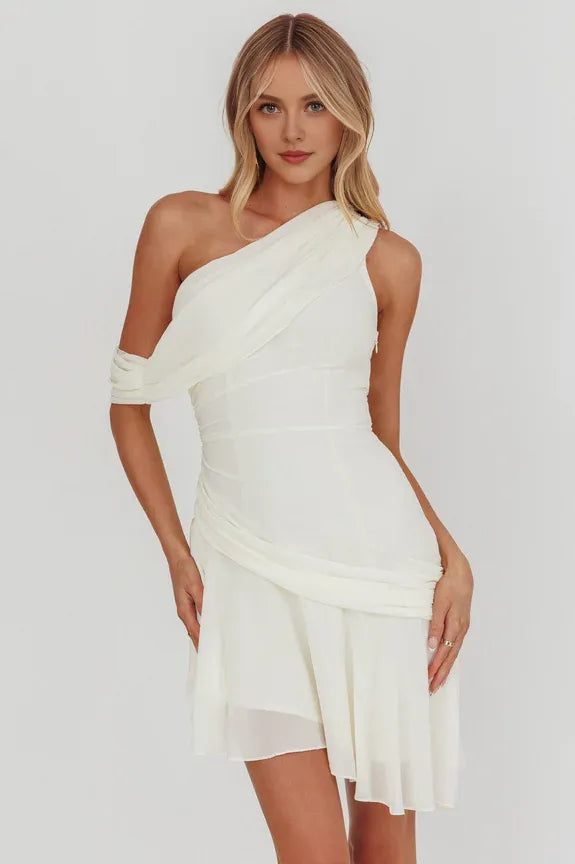 One-Shoulder Draped Asymmetric Neck And Hem Cream Mini Homecoming Dress