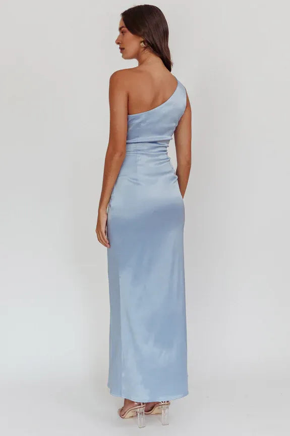 One-Shoulder Gathered Satin Steel Blue Maxi Evening Dress With Side Slit
