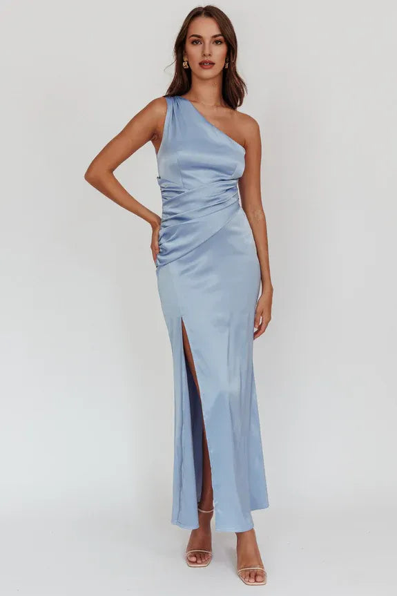 One-Shoulder Gathered Satin Steel Blue Maxi Evening Dress With Side Slit