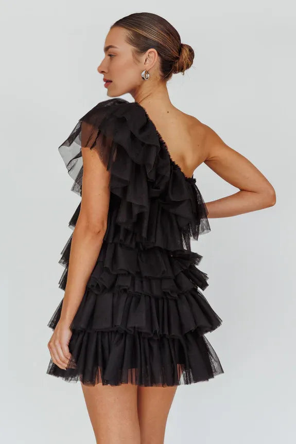 One-Shoulder Layered Frill Black Mini Homecoming Dress For Ladies