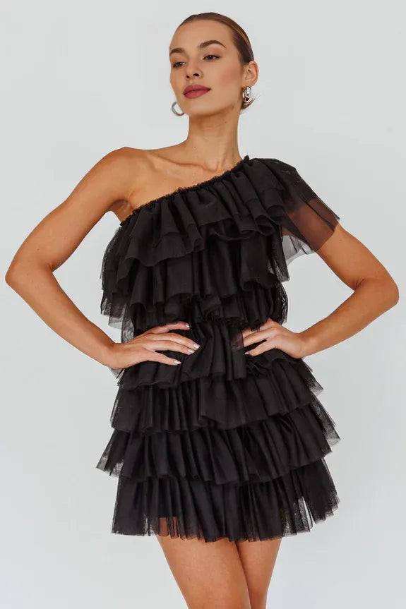 One-Shoulder Layered Frill Black Mini Homecoming Dress For Ladies