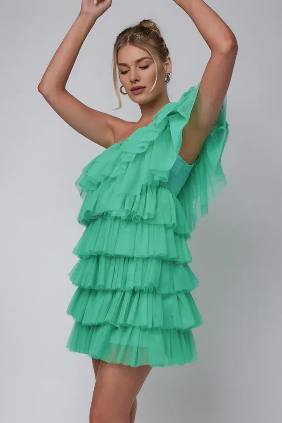 One-Shoulder Layered Frill Spearmint Mini Homecoming Dress For Ladies