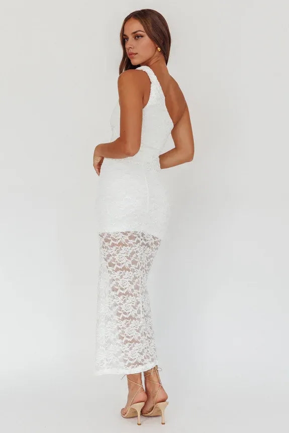 One-Shoulder Pleated Split Lace White Midi Homecoming Dress Prom Dress