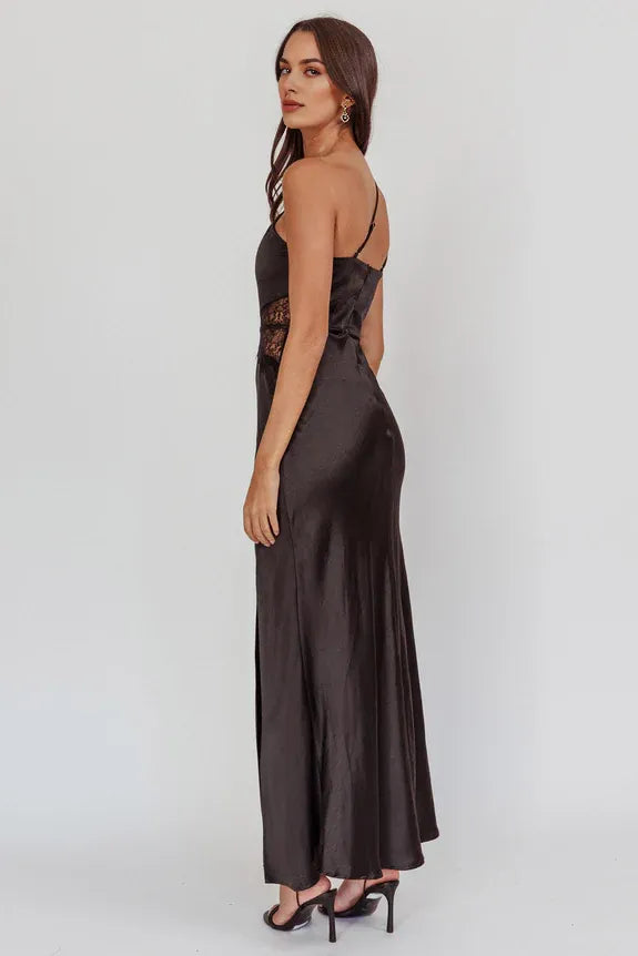 One-Shoulder Lace Waist Black Maxi Evening Dress With Side Slit For Women