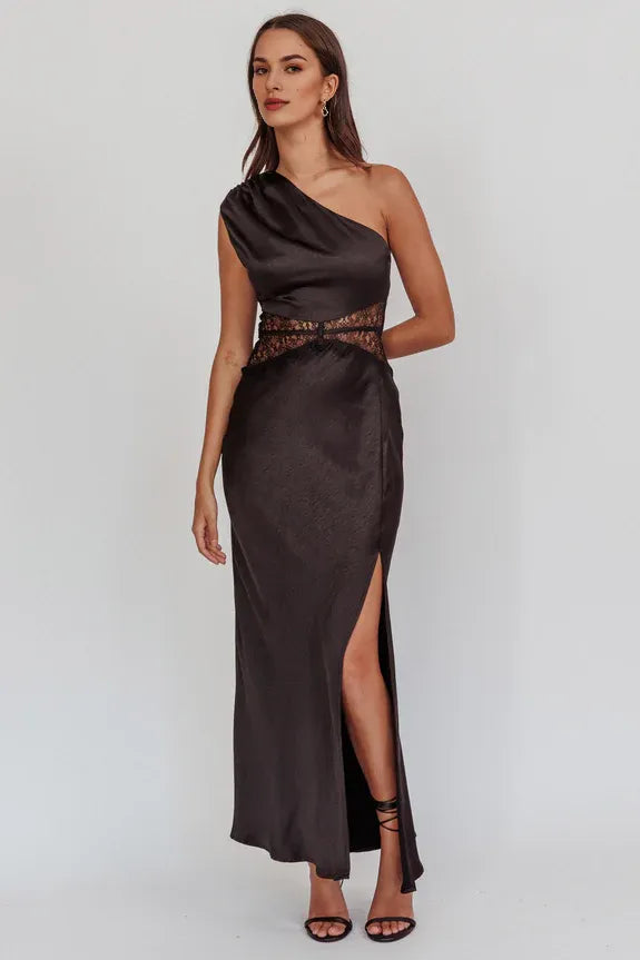 One-Shoulder Lace Waist Black Maxi Evening Dress With Side Slit For Women