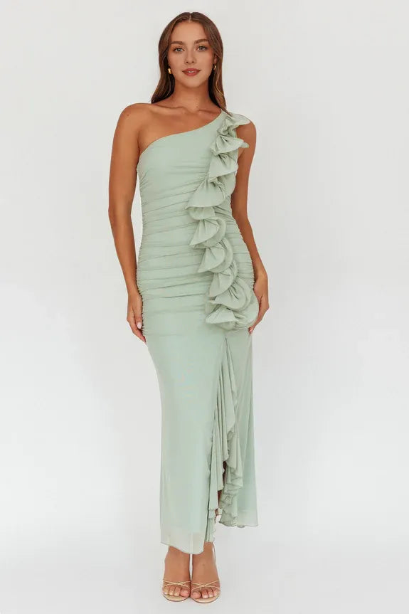 One-Shoulder Ruffle Pleated Sage Maxi Homecoming Dress Prom Dress With Front Split