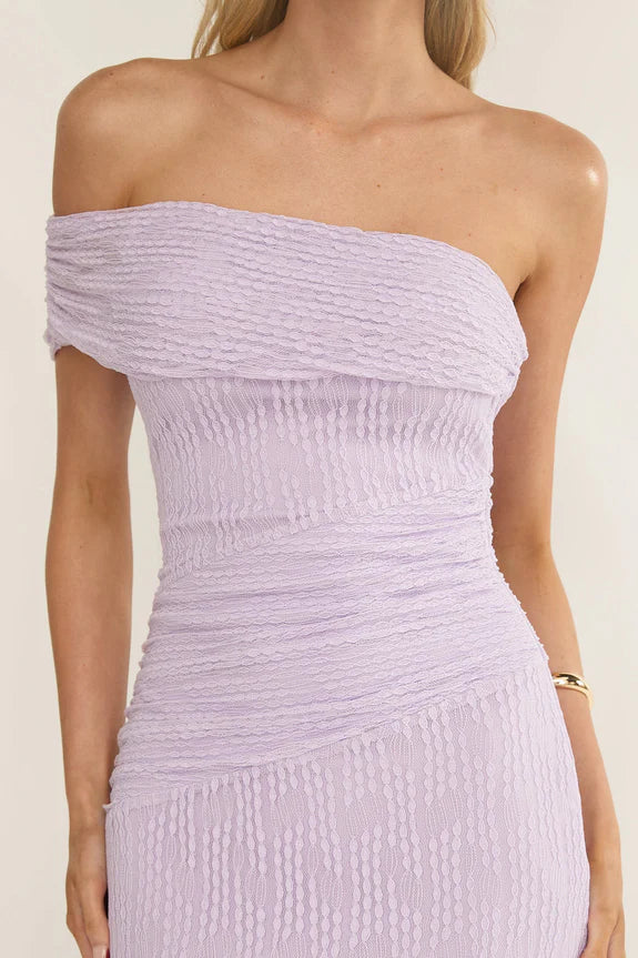 One-Shoulder Short Sleeves Gathering Textured Lilac Maxi Homecoming Dress Prom Dress
