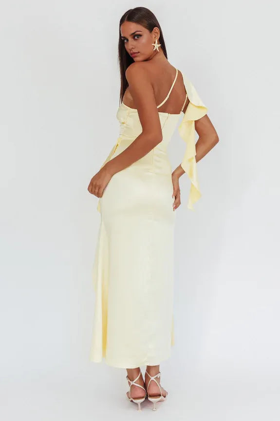 One-Shoulder Split Satin Butter Maxi Homecoming Dress Prom Dress With Flounce Ruffle