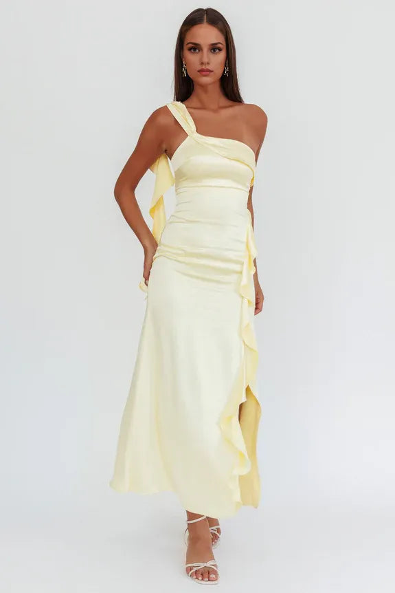 One-Shoulder Split Satin Butter Maxi Homecoming Dress Prom Dress With Flounce Ruffle
