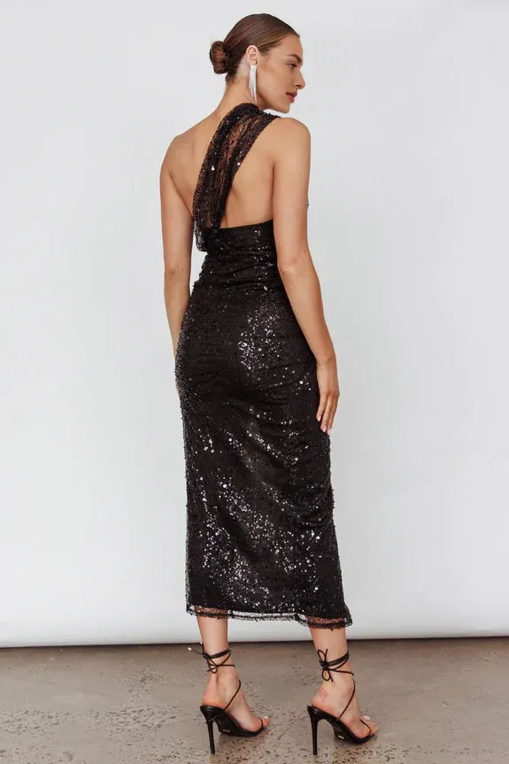One-Shoulder Split Sequin Black Tea-Length Evening Dress Prom Dress