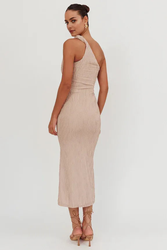 One-Shoulder Twist Textured Beige Midi Homecoming Dress Prom Dress
